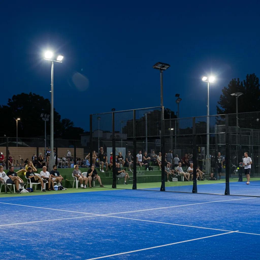 Well-lit commercial padel court during an evening match, showcasing lighting setup and spectator amenities